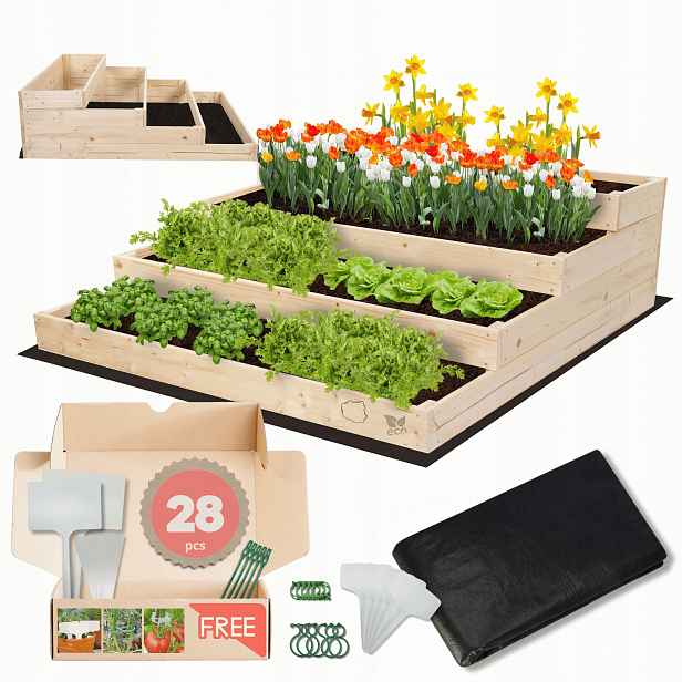 4-patrová Zeleninový Záhon Pařeniště Dřevěná truhla Bylinkový Záhon 120x120 Bonus!