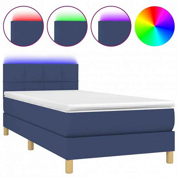 vidaXL Box spring postel s matrací a LED modrá 80 x 200 cm textil