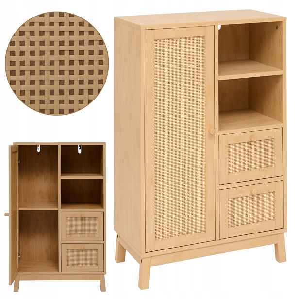 Koupelnová skříňka 95 cm Hnědá stojící ratanová s boho policemi do koupelny