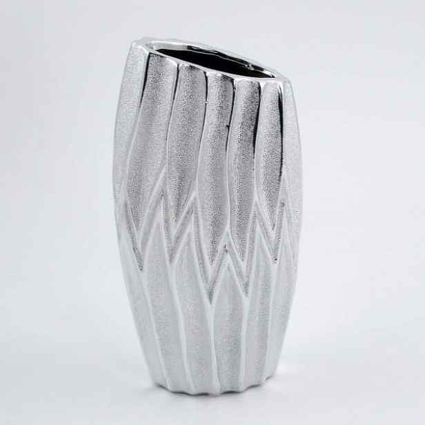 Váza ovál zkosená dekor křivky keramika stříbrná 12x25cm