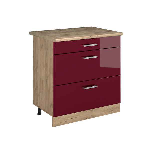 Vicco SPODNÍ SKŘÍŇKA KUCHYŇSKÉ LINKY R-Line, Červená vysoký lesk/Zlatý mocný dub, 80 cm se 3 zásuvkami pracovná doska Dub Goldkraft