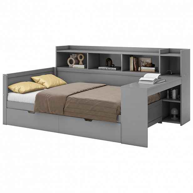 CHICFURN DENNÍ POSTEL 90/200 cm v šedé barvě s psacím stolem, 2 zásuvkami, USB a nabíjecí zásuvkou