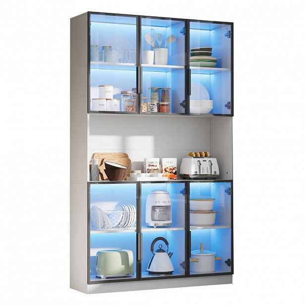 Modfu VITRÍNA z MDF 120x34x200 cm bílá s LED osvětlením, 6 dvířky, skleněnými výplněmi a tichým dovíráním