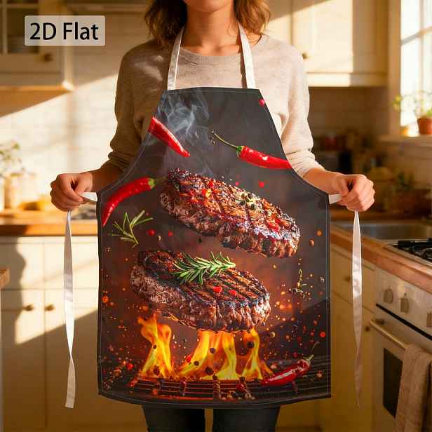 TEMU 1ks Zástěra pro kuchaře s potiskem nočního grilovaného steaku, chilli papričky a rozmarýnu, odvážný styl, BBQ téma, 27 x 22 palců (68 x 55 cm),