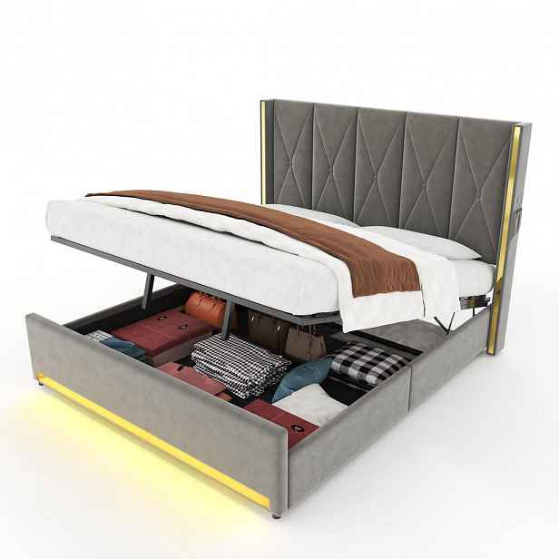 CHICFURN ČALOUNĚNÁ POSTEL 180/200 cm v tmavě šedé barvě s úložným prostorem, LED, USB a Type-C