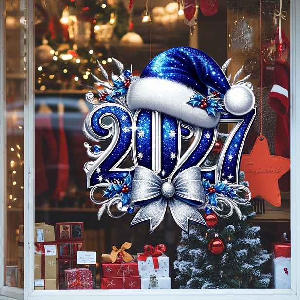 TEMU Samolepka na okno s modrým třpytem a Santa Clausovou čepicí 2027, s jehličnatou mašlí a sněhovou vločkou, zimní novoroční vánoční nálepka,