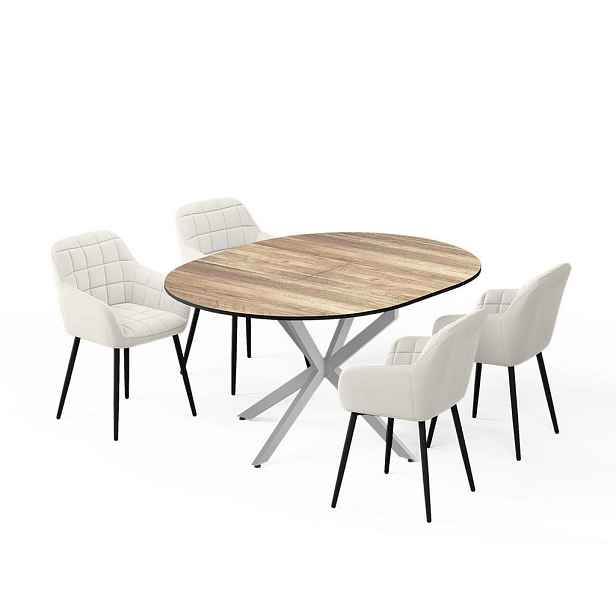Vicco JÍDELNÍ STŮL SESTAVA Loyd, Rustikální dub/Šedá, 120 x 120 cm se 4 jídelními židlemi (béžové)