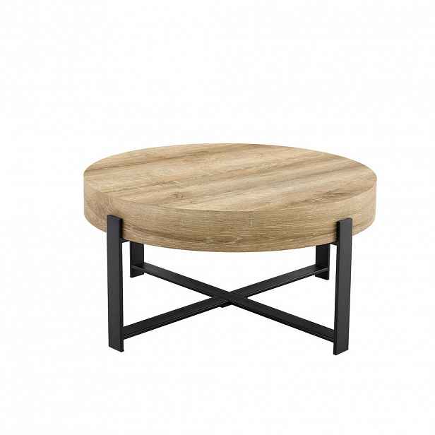 Modfu KONFERENČNÍ stolek z MDF a kovu 68x68x36 cm černá/přírodní dřevo s křížovou podnoží a industriálním vzhledem