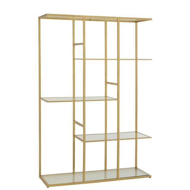 Zlatý antik kovový regál se skleněnými policemi Doree gold - 120*40*180 cm J-Line by Jolipa
