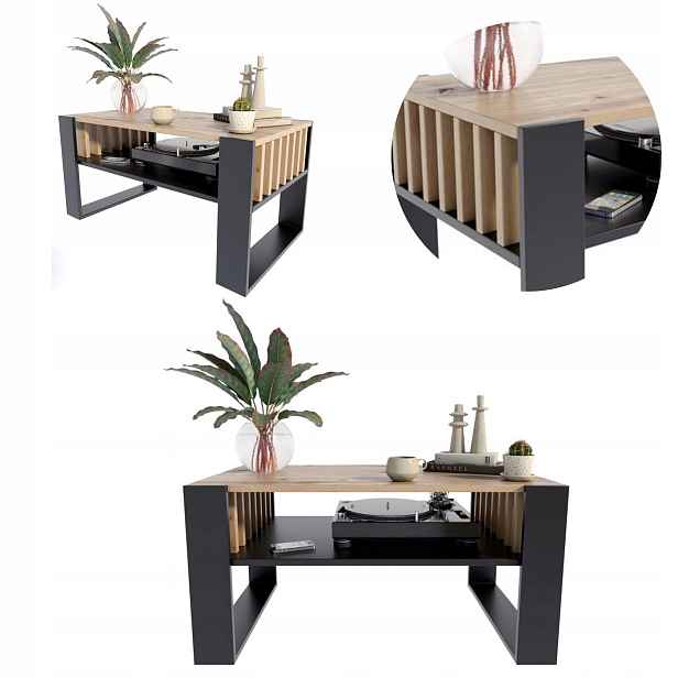 Lavice Iga artisan-černá s lamelami konferenční stolek 100 cm stůl lamely loft