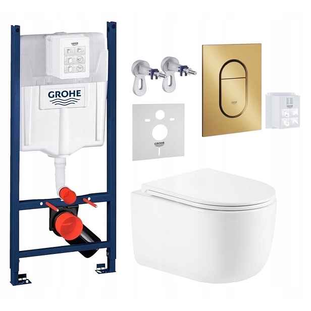 Rám Grohe Rapid Sl s mísou Wc Tornado a zlatým kartáčovaným tlačítkem