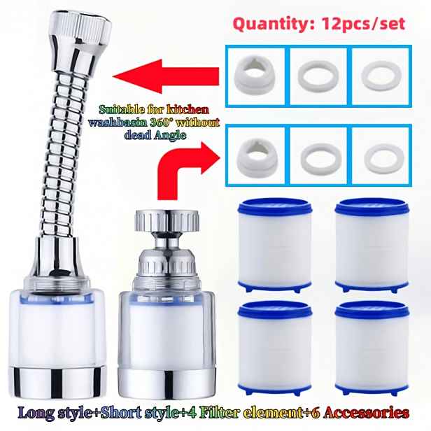 TEMU Sada 12 ks filtru na kuchyňský dřez (dlouhý styl + krátký styl + 4 filtry + 6 příslušenství) odolný proti stříkání, 360° otočný prodlužovač
