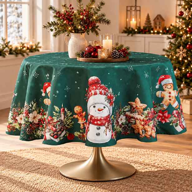 Vánoční ubrus na stůl XMAS PARTY zelený Ø 150 cm