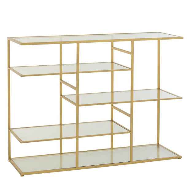 Zlatý antik kovový regál se skleněnými policemi Doree gold - 120*40*91 cm J-Line by Jolipa