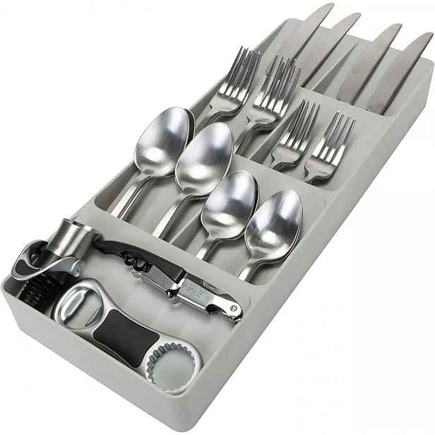 Arte Regal Organizér do úzkého šuplíku na příbory, příborník 7 přihrádek, plastový, šedý - 40 x 16 cm