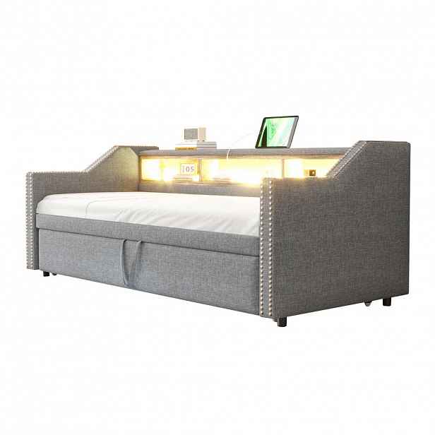 CHICFURN ROZKLÁDACÍ POHOVKA 90/190 cm a 180/190 cm ve světle šedé barvě s LED a USB