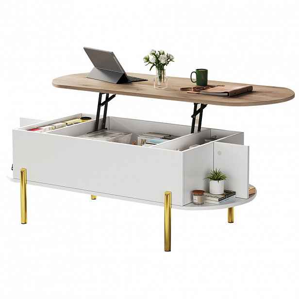 OKWISH KONFERENČNÍ stolek 120/50/43 cm bílý z MDF se zvedací deskou a skrytým úložným prostorem