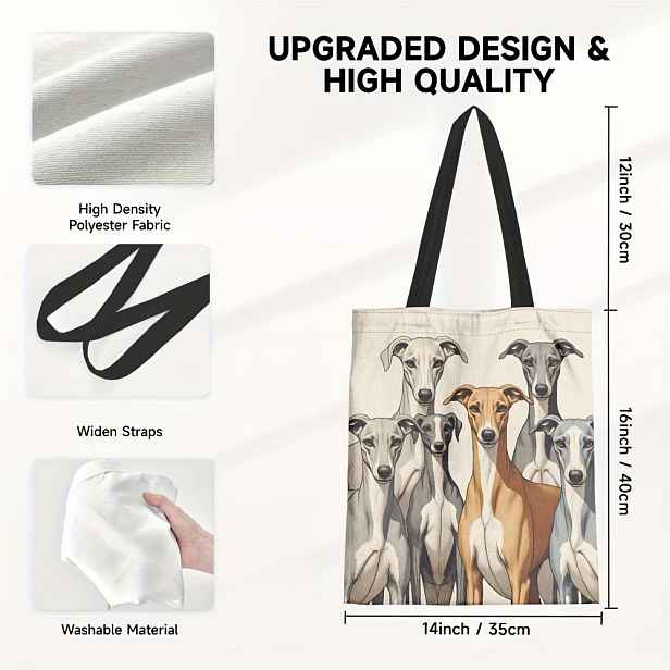 TEMU 1ks Odolná dámská taška s potiskem psa Greyhound & Whippet - Prostorová, opakovaně použitelná taška na nakupování, práci a cestování, lehká,