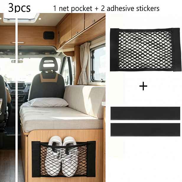TEMU RV Upgrade 3dílná sada elastických síťovaných úložných tašek - Samolepicí síťovaný organizér na stěnu pro lístky a poštu, ideální pro dvířka