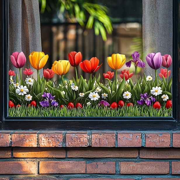 TEMU Barevné samolepky na okna s tulipány pro dekoraci obývacího pokoje a balkónového skla, samolepicí svěží květinové nástěnné umění