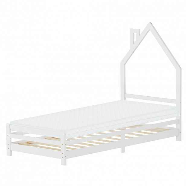 ML-DESIGN DĚTSKÁ postýlka Dům 90x200 cm s matrací, bílá, borovicové dřevo