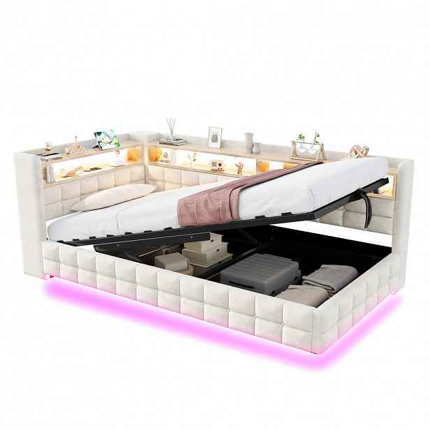 OKWISH ČALOUNĚNÁ postel 90/200 cm béžová z veluru s úložným prostorem, LED a nabíjením