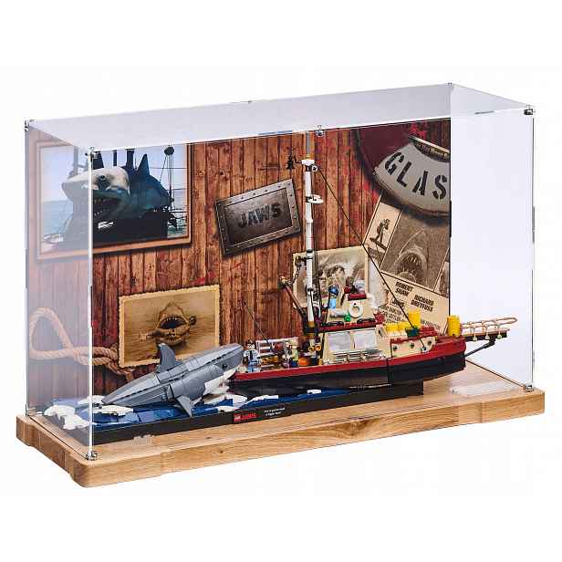 Vitrína Wood s pozadím Blacked Brick pro Lego 21350 Ideas Čelisti