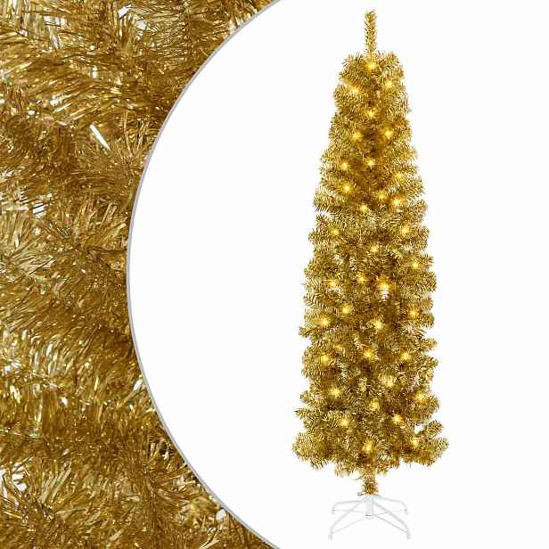 vidaXL Umělý štíhlý vánoční stromeček s ozdobami 180 cm 300 LED