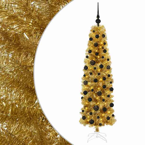 vidaXL Umělý štíhlý vánoční stromeček s ozdobami 180 cm 300 LED