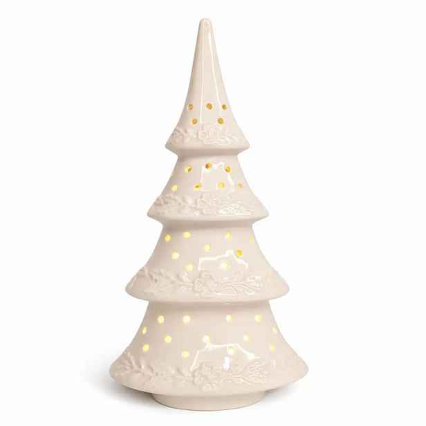 LED dekorace keramický stromeček, 15 × 9,2 × 29 cm, teple bílá, 2× LR44