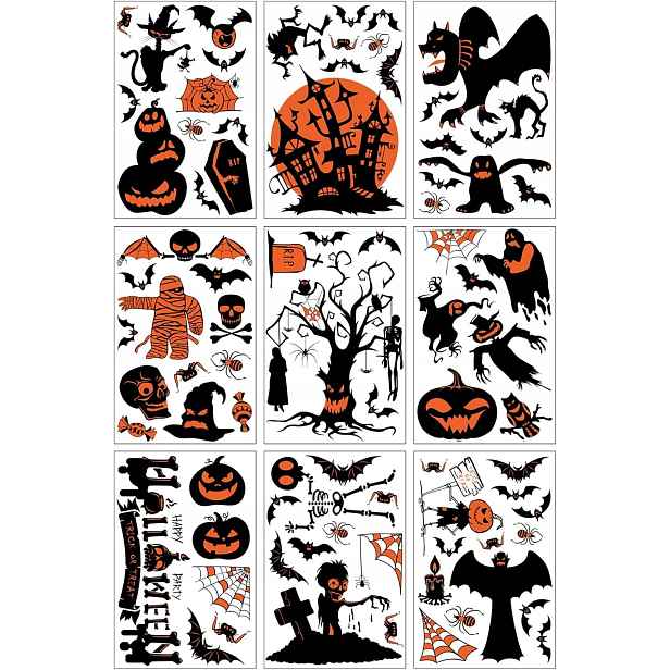 9 listů okenních samolepek, Halloween, samolepky, dekorace