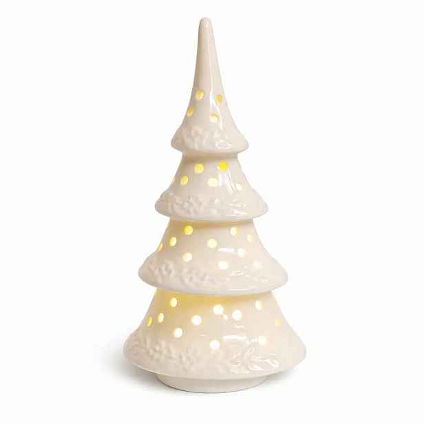LED dekorace keramický stromeček, 9 × 7,4 × 17,8 cm, teple bílá, 2× LR44