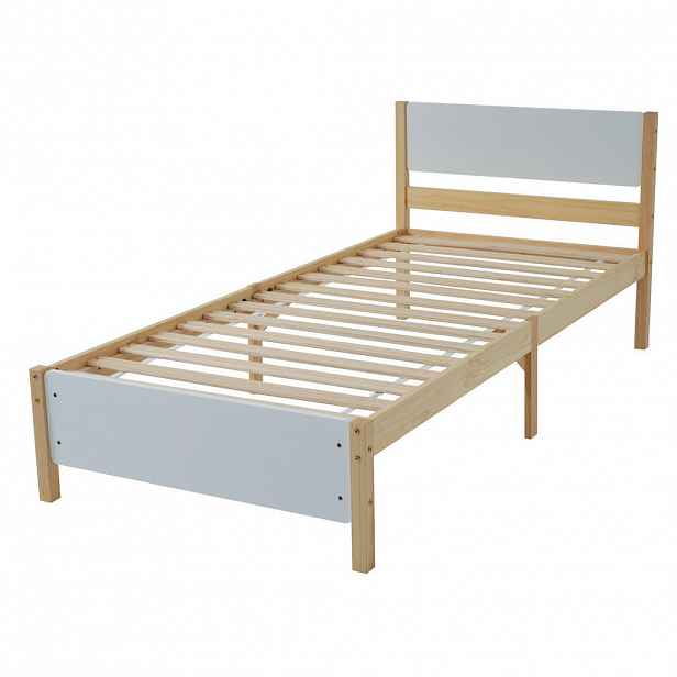 OKWISH JEDNOLŮŽKOVÁ postel 90/200 cm bílá + přírodní z masivního dřeva a MDF s roštem