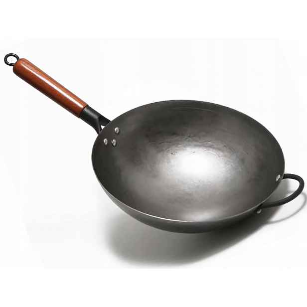 Čínský wok Kovaná ocelová pánev Hluboká čínská dřevěná rukojeť 36 cm