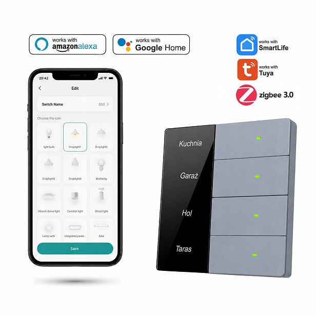 Nástěnný vypínač Šedý Zigbee Tuya čtyřnásobné zobrazení názvů místností