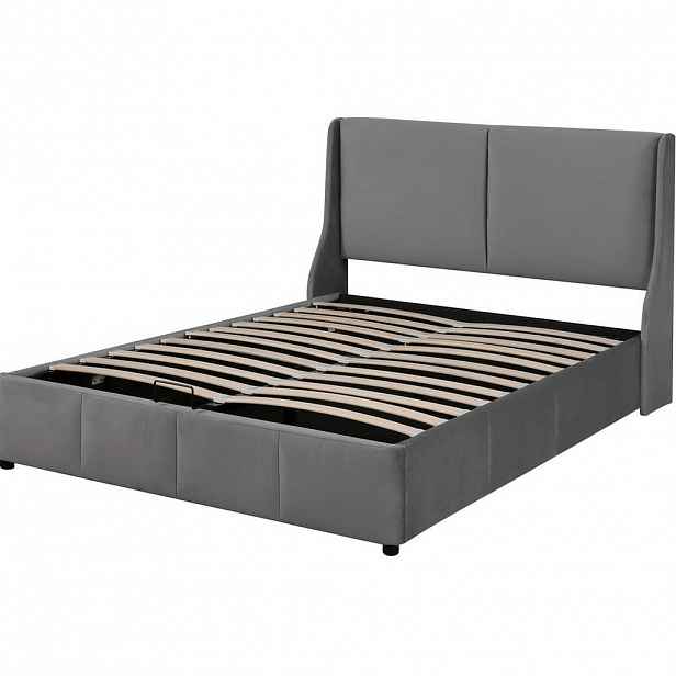 OKWISH ČALOUNĚNÁ postel 140/190 cm šedá ze sametu s hydraulickým úložným prostorem