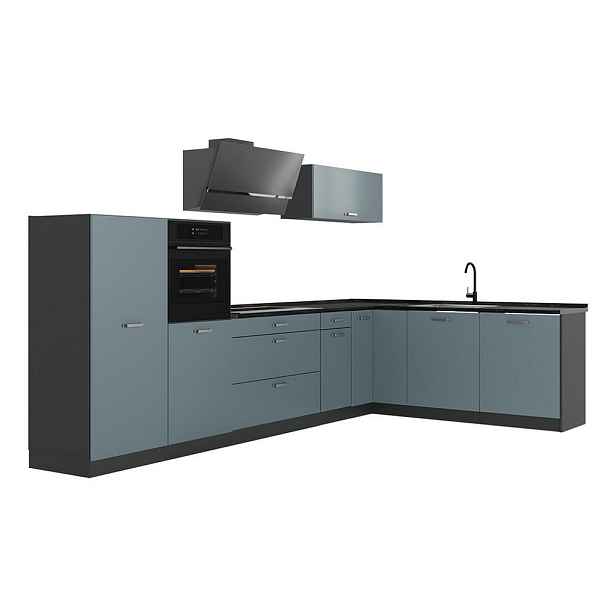 Vicco ROHOVÁ KUCHYŇ R-Line, Modrošedá/Antracit, 347 x cm pracovná doska antracitová