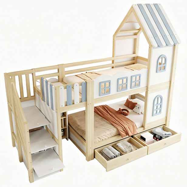 CHICFURN PATROVÁ POSTEL 90/200 cm v bílé, šedé a přírodní barvě s úložným prostorem