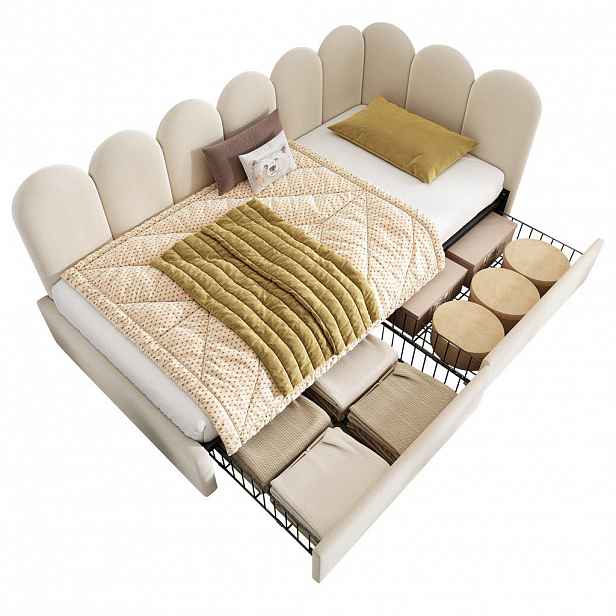 OKWISH POSTEL s úložným prostorem 90x200 cm béžová ze sametu s 2 zásuvkami a roštem