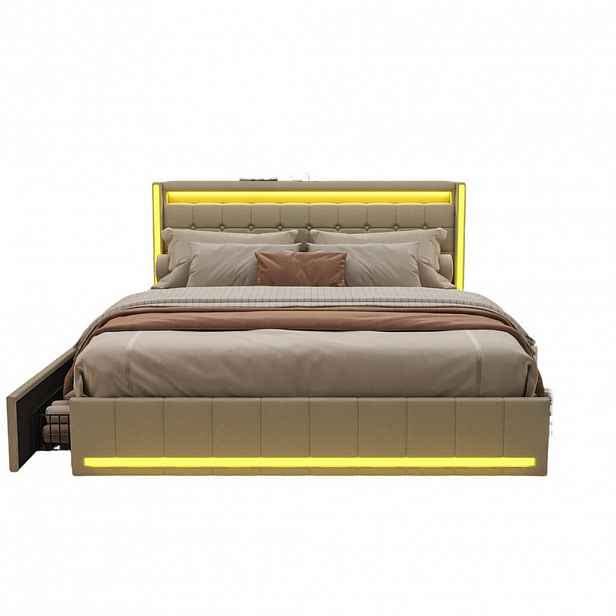 SHOPENTRA ČALOUNĚNÁ postel 140x200 cm béžová s LED osvětlením a 4 zásuvkami