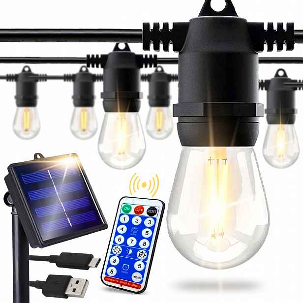Solární zahradní girlanda Solární lampy 20 m 20 x Led žárovka E27 Dálkový Ovladač