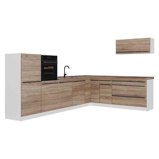 Vicco ROHOVÁ KUCHYŇ R-Line, Sonoma/Bílá, 327 x cm pracovná doska Dub Goldkraft