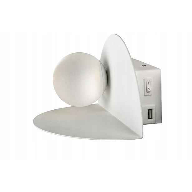 Nástěnná lampa koule s policí, bílá, s vypínačem, port Usb 4000K Candellux