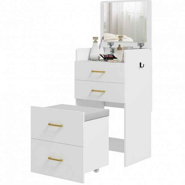 OKWISH TOALETNÍ stolek 48/40/90 cm bílý z dřeva s otočným zrcadlem a úložným prostorem 3 v 1