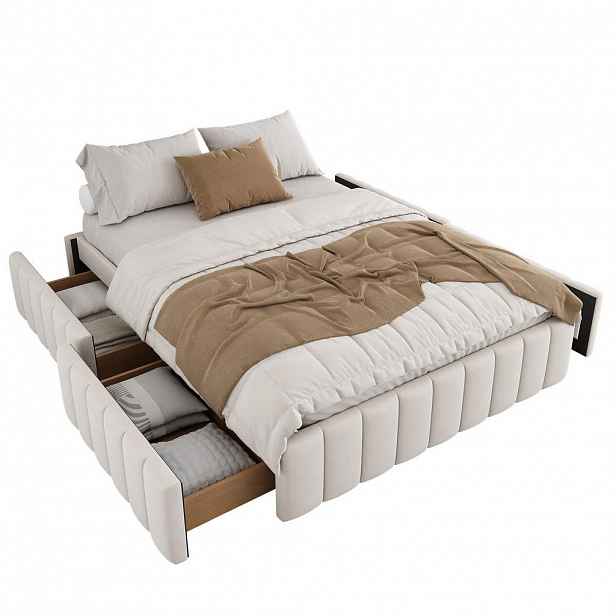 OKWISH ČALOUNĚNÁ postel 140/200 cm béžová ze sametu se 4 zásuvkami a lamelovým roštem