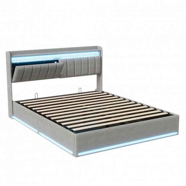 SHOPENTRA ČALOUNĚNÁ postel 140x190 cm šedý samet LED USB úložný prostor