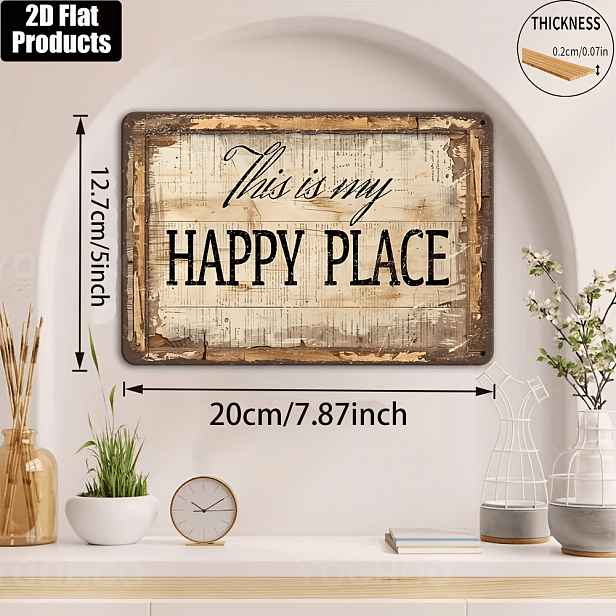 TEMU 2D Plochá, Opotřebovaná Béžová a Černá Vintage Dřevěná Nástěnná Cedule „Toto je Šťastné Místo“ - Umělý Dřevěný Panel Vhodný do Obývacího Pokoje,