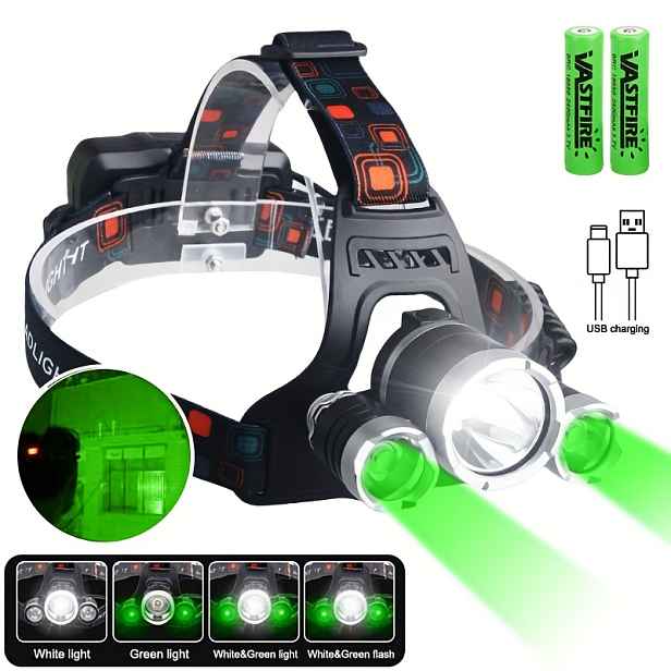 TEMU Nabíjecí LED čelovka 2 v 1 s bílým a zeleným světlem, super jasná 500 lumenů zelené světlo bezdrátová ruční svítilna, dlouhá výdrž baterie 2400