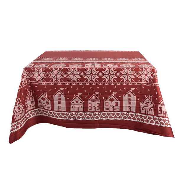 Tmavě červený zimní ubrus s domky a vločkami - 140*220 cm Clayre & Eef