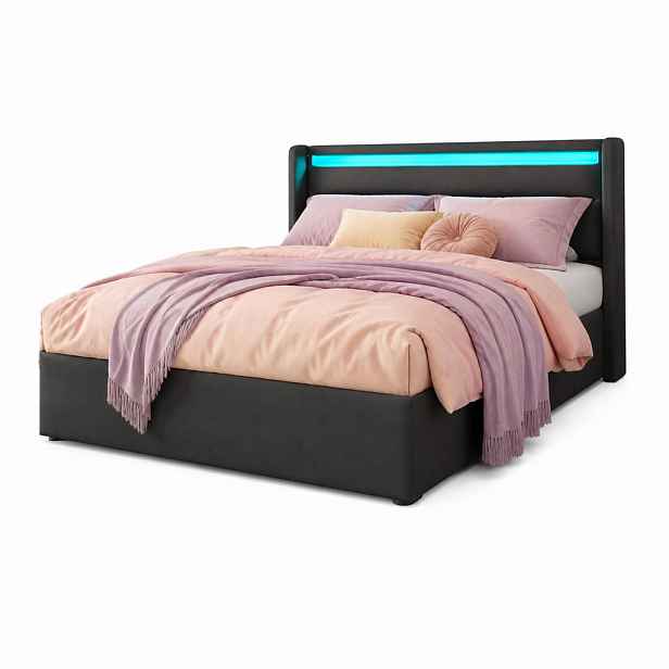 CHICFURN ČALOUNĚNÁ POSTEL 140/200 cm v šedé barvě s úložným prostorem, LED a PU